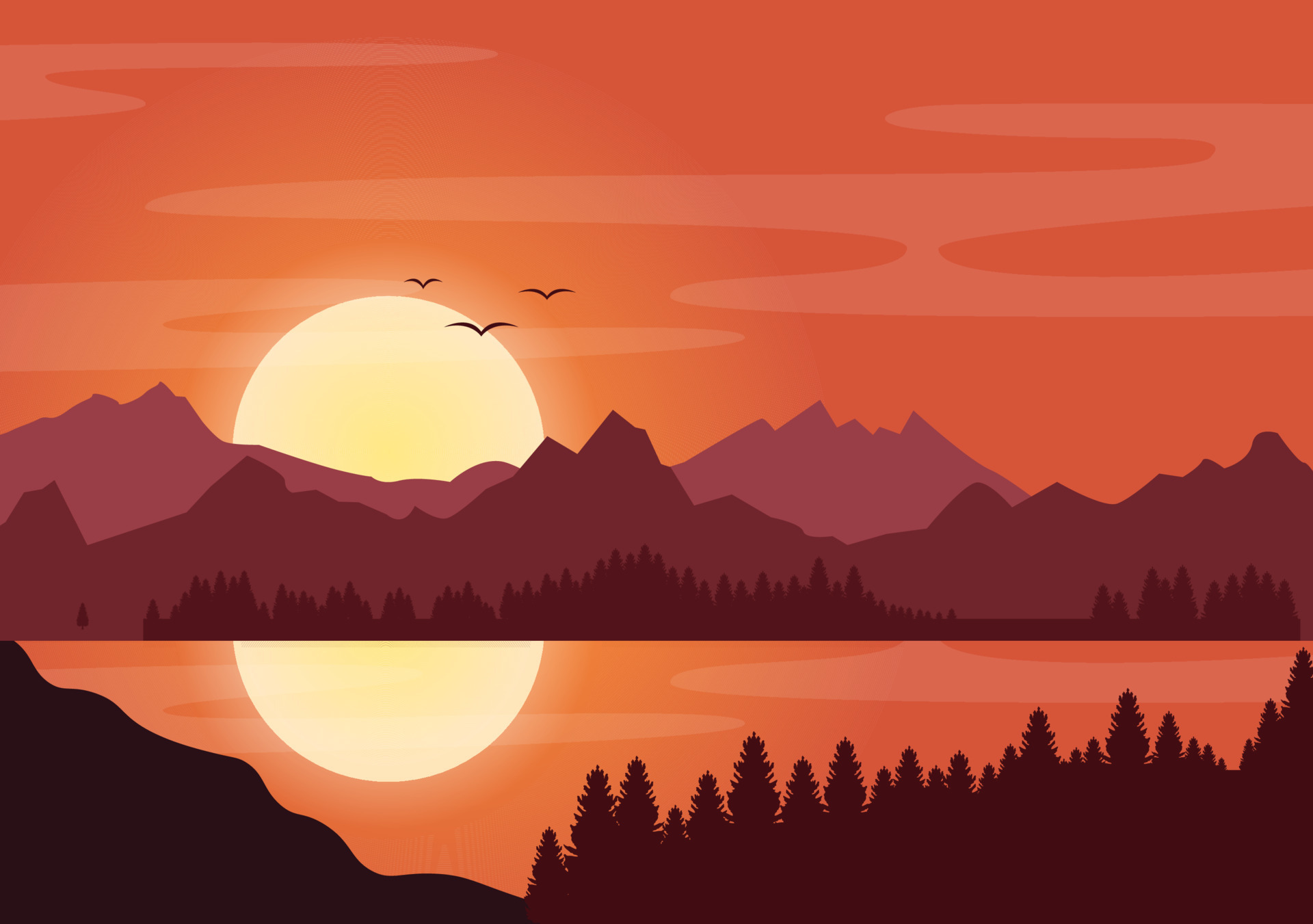 sunset-landscape-of-mountains-wilderness-sands-lake-and-valley-in-flat-wild-nature-for-poster-banner-or-background-illustration-vector